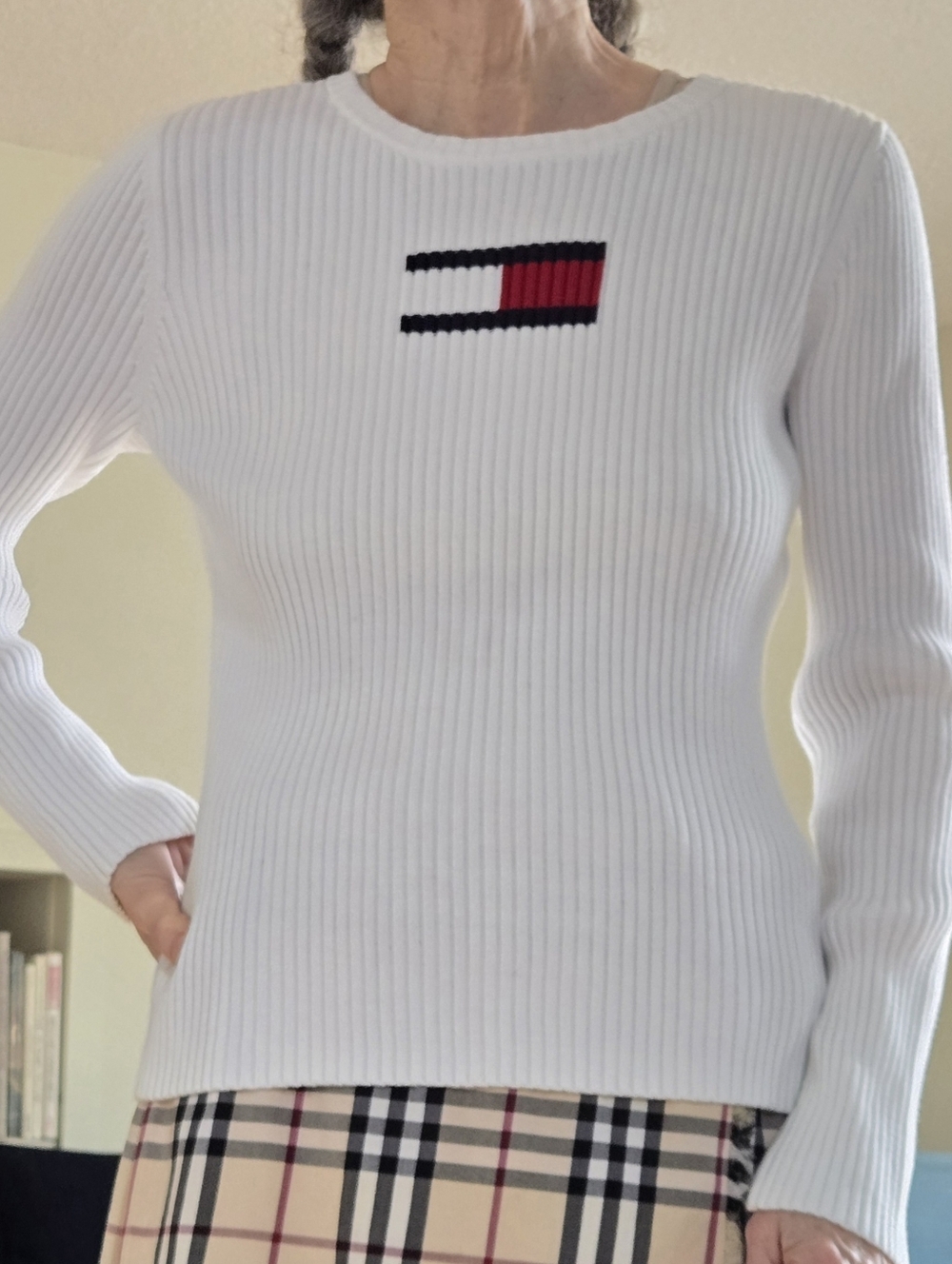 Tommy Hilfiger White Ribbed Sweater with Red and Black Logo